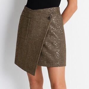 🆕 DKNY Gold Metallic Sequin Wrap Mini Skirt Size 8 Asymmetrical Holiday Party